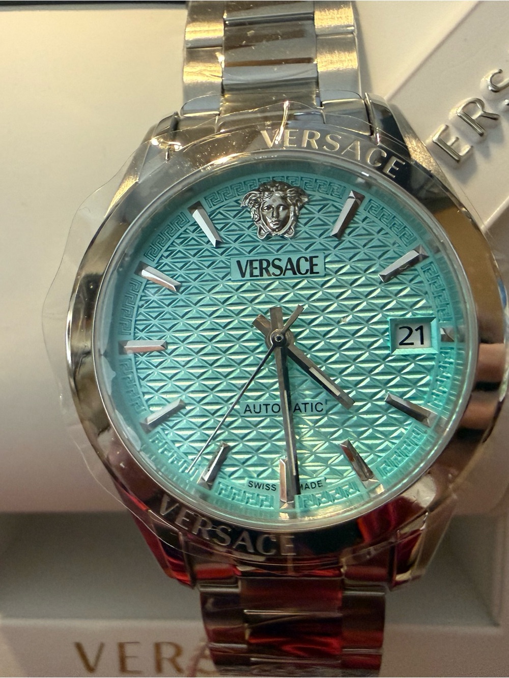Versace Men's Silver Watch with Turquoise Dial - Picture 7 of 14